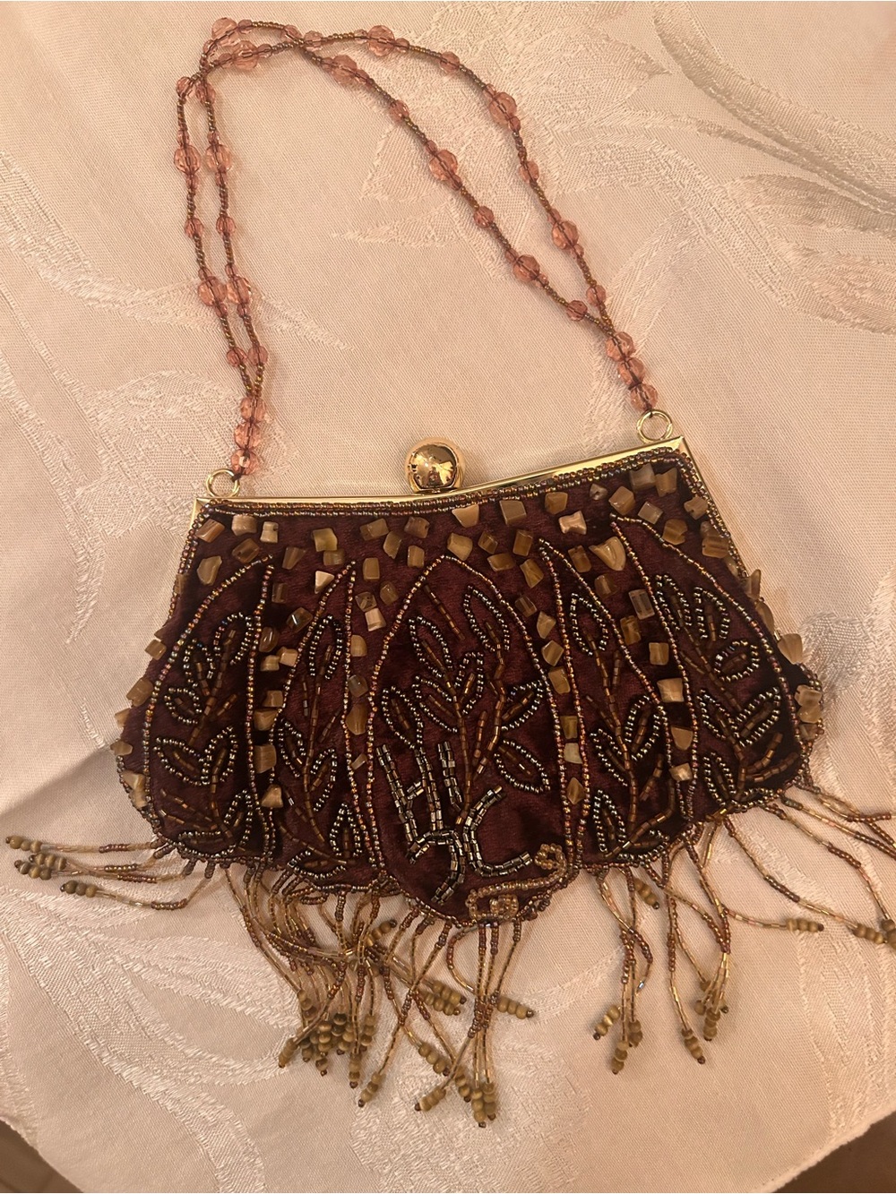 La Regale Brown Beaded Fringe Evening Clutch